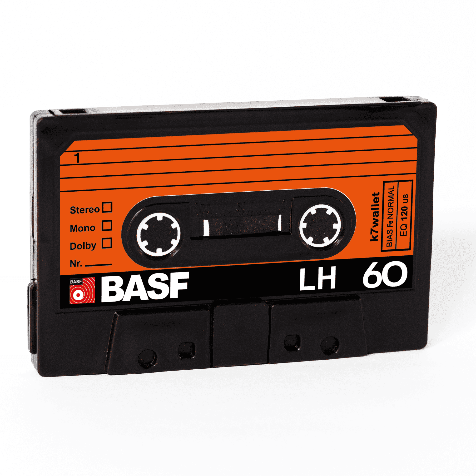 Imagem de uma carteira K7 personalizada com a imagem BASF Record Vintage Laranja